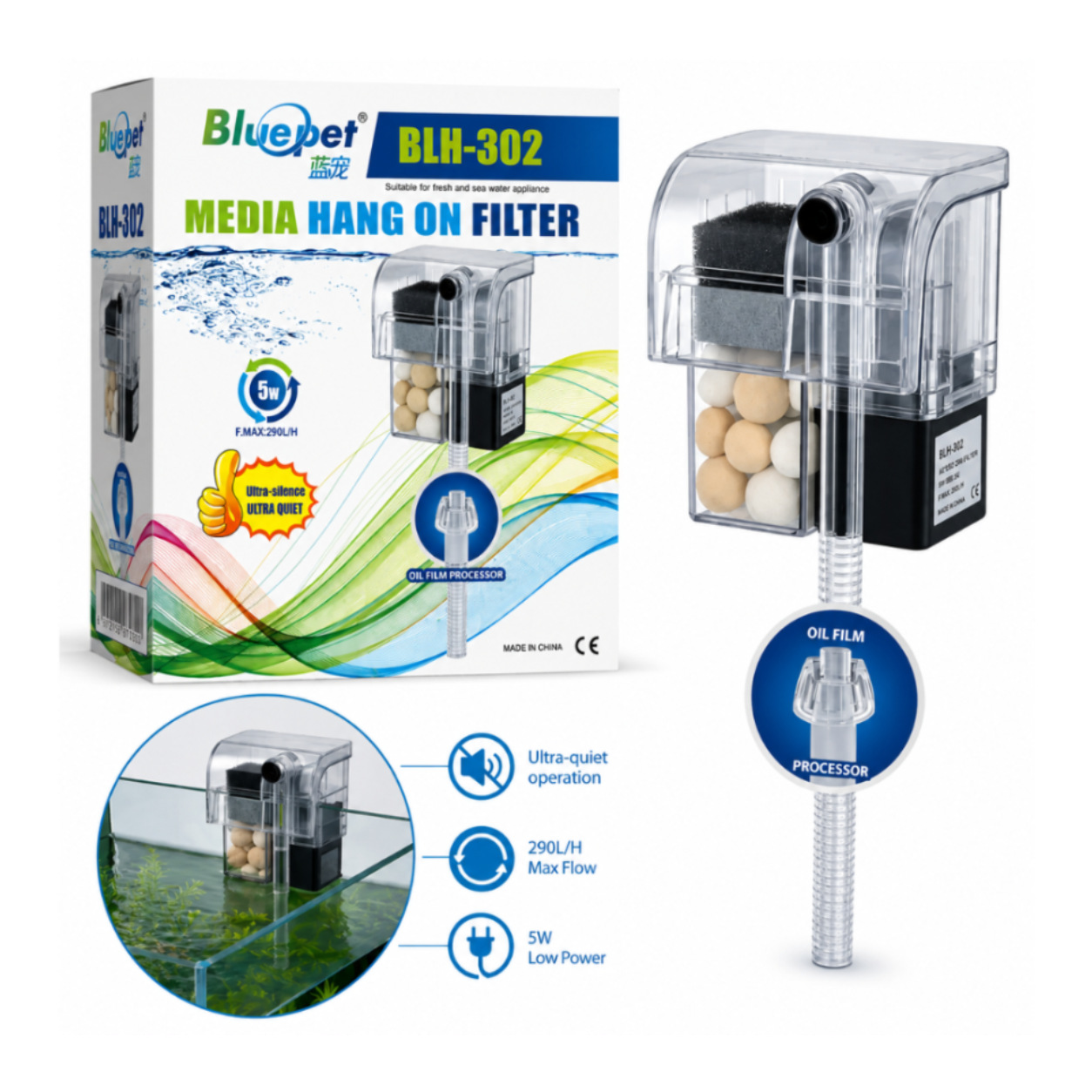 Bluepet BLH-302 Hang-On Aquarium Filter 5W – 300L/H – Chess Queen's Aqua Pets