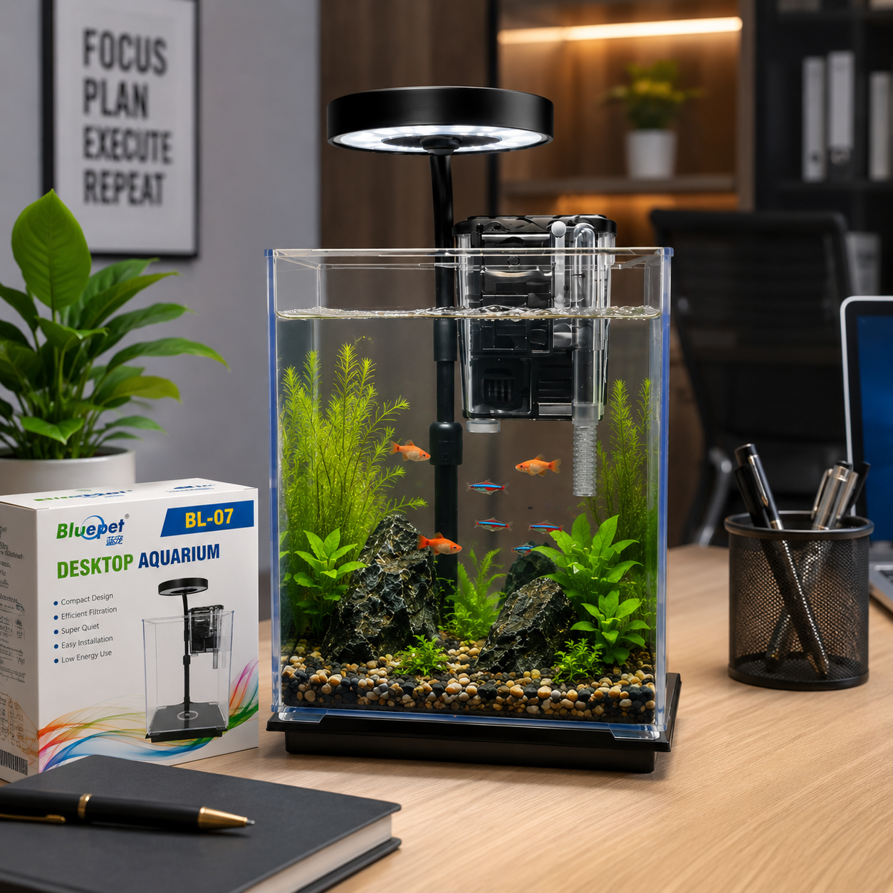 Bluepet BL-07 Desktop Aquarium with LED Light & Filter | Nano Fish Tank