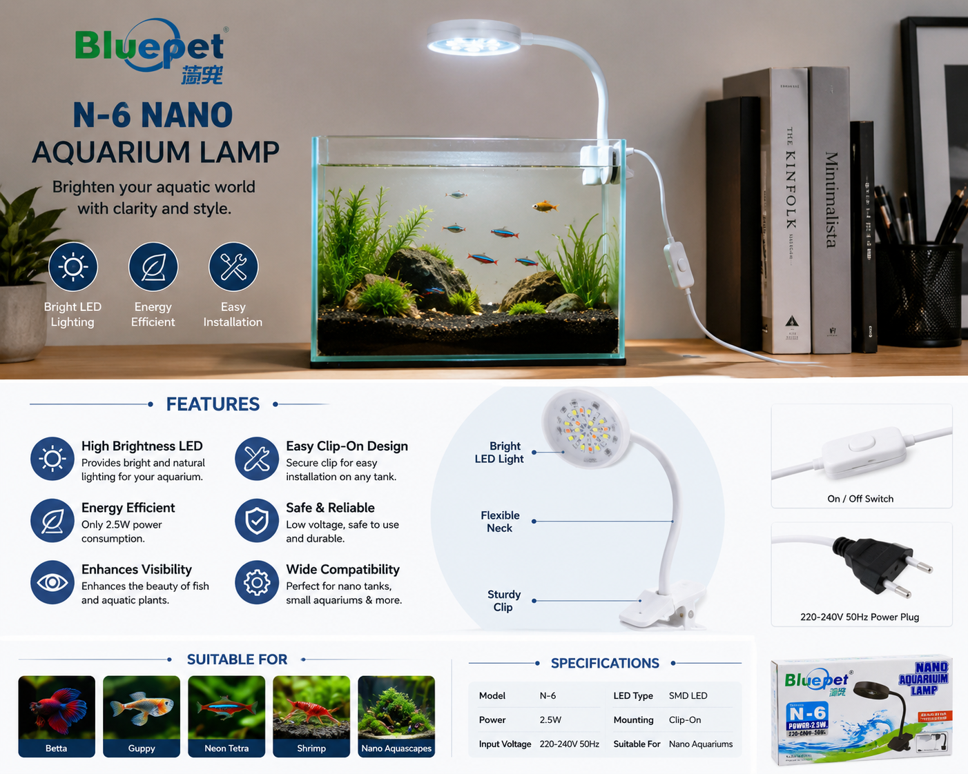 Bluepet N-6 Nano Aquarium LED Lamp | 2.5W Clip-On LED Light for Nano Aquariums