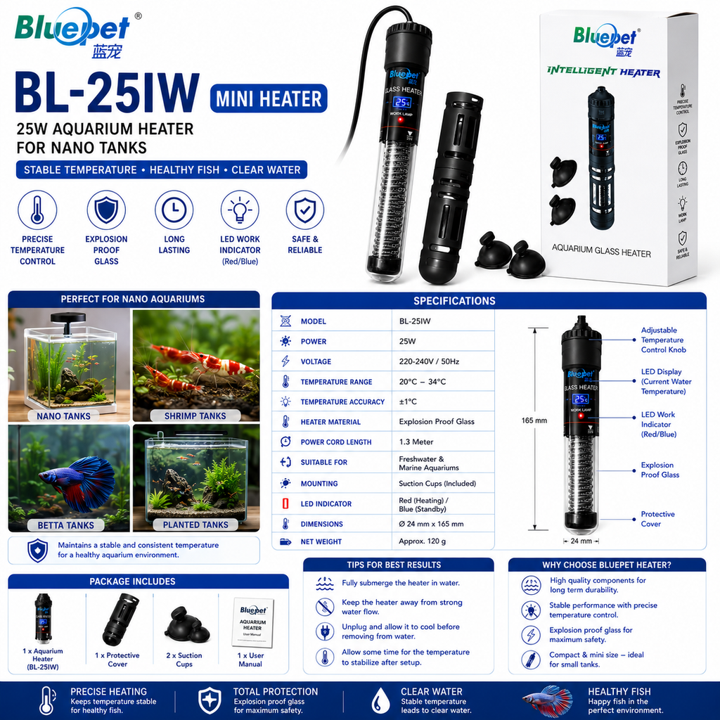 BluePet BL-25IW  , 75W , 50W , Mini Aquarium Heater 25W | Intelligent Digital Aquarium Heater for Nano Fish Tanks