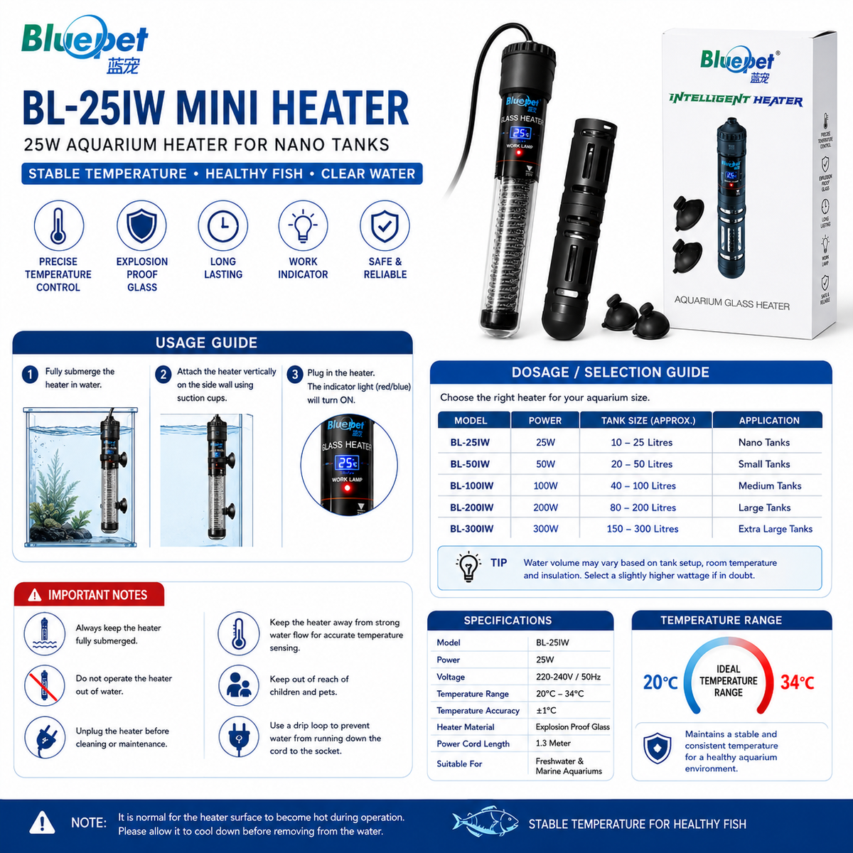 BluePet BL-25IW  , 75W , 50W , Mini Aquarium Heater 25W | Intelligent Digital Aquarium Heater for Nano Fish Tanks