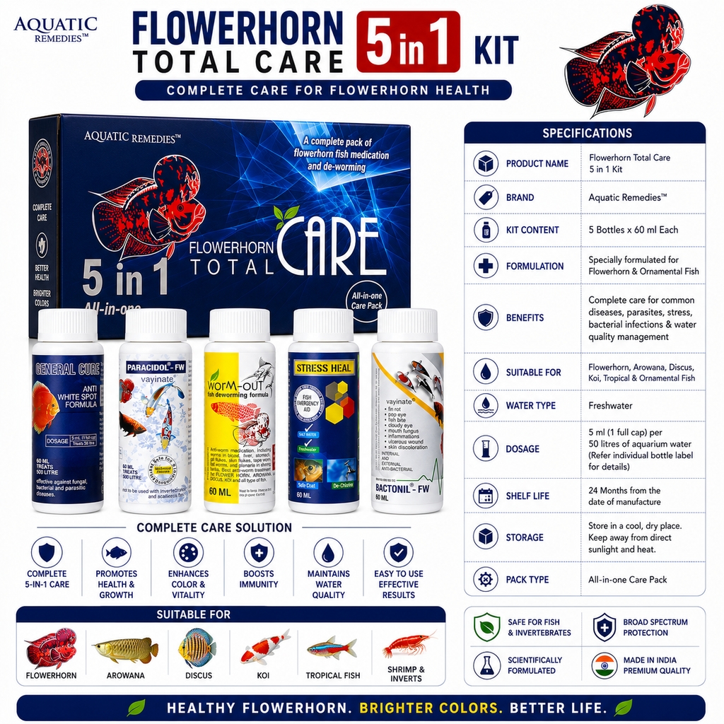 Aquatic Remedies Flowerhorn Total Care 5 in 1 Kit | Complete Health & Disease Treatment Pack