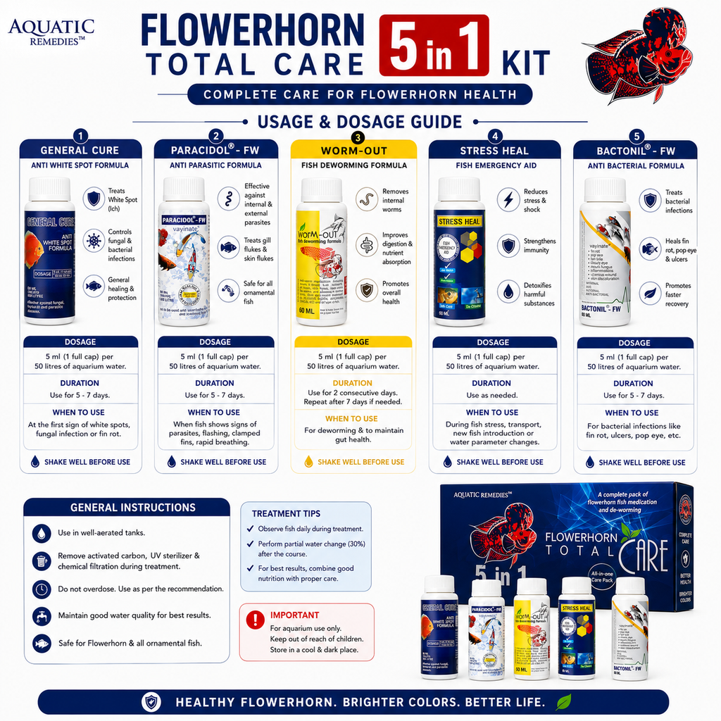 Aquatic Remedies Flowerhorn Total Care 5 in 1 Kit | Complete Health & Disease Treatment Pack