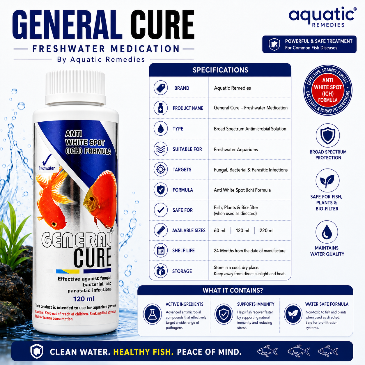 Aquatic Remedies General Cure | Freshwater Fish Medication | Anti White Spot (Ich), Fungal, Bacterial & Parasitic Treatment