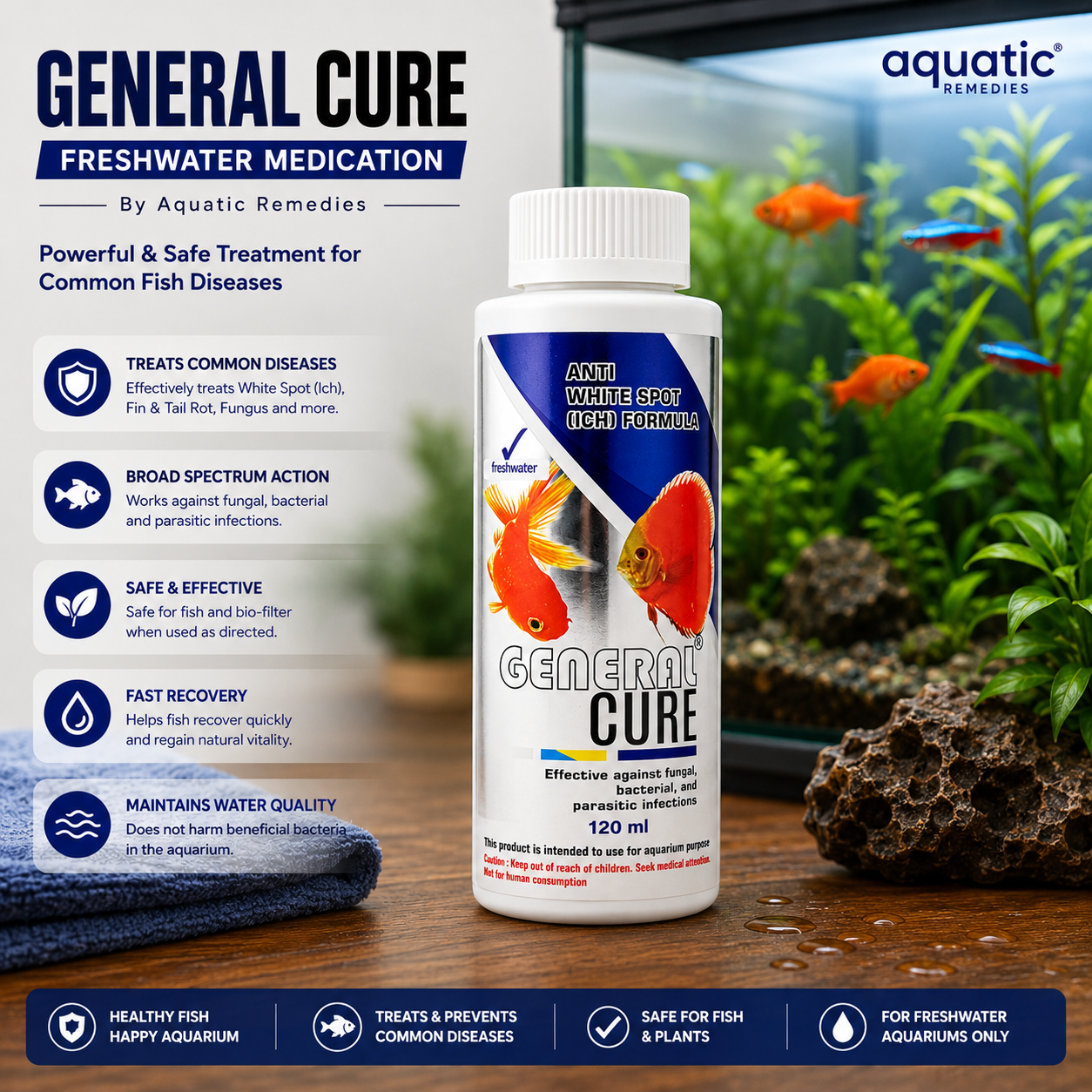Aquatic Remedies General Cure | Freshwater Fish Medication | Anti White Spot (Ich), Fungal, Bacterial & Parasitic Treatment