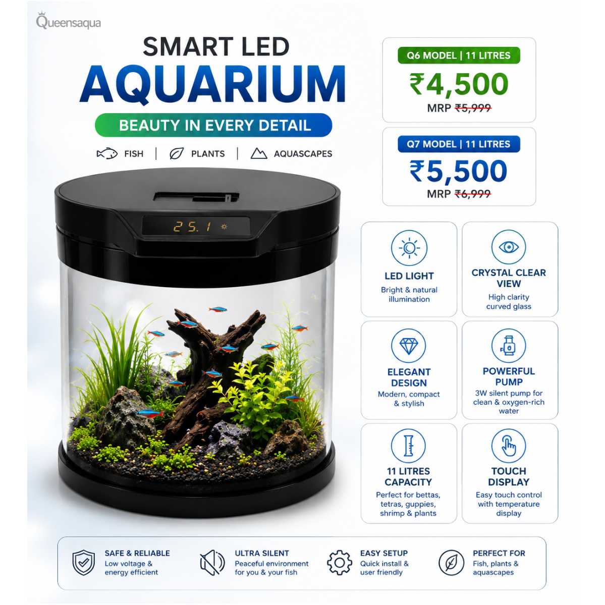 Blue Pet Q7 Cylindrical Aquarium with Built-In Filter