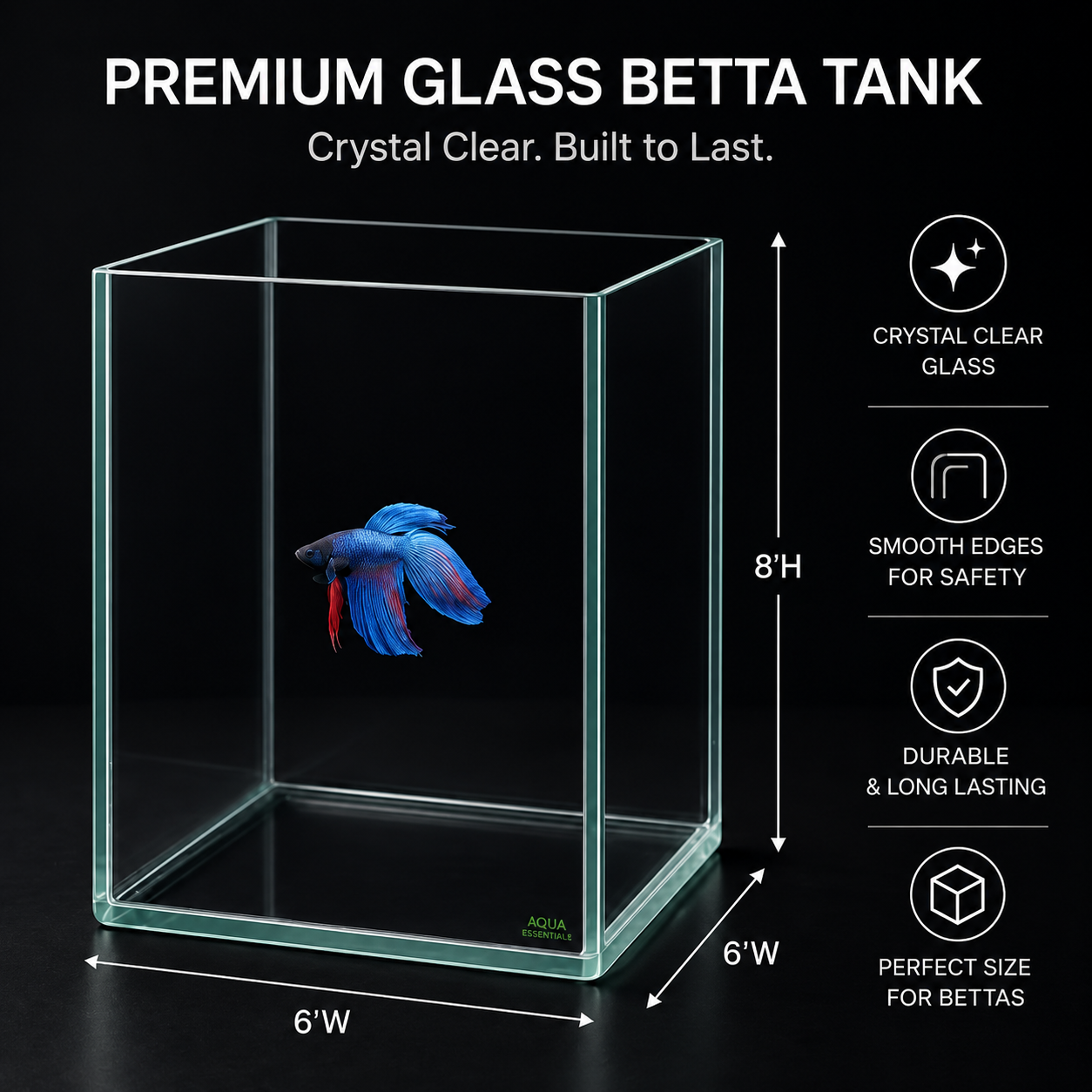 Extra Clear Betta Fish Tank 4.5L (6x6x8 Inch) – 4mm Glass