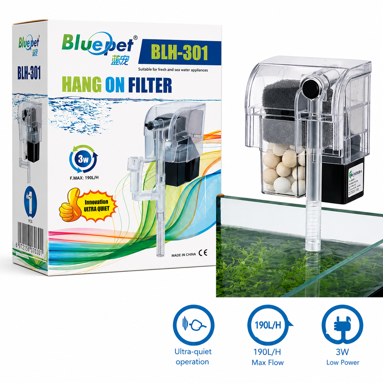 Blue Pet BLH-301 Hang-On Aquarium Filter 3W – 180L/H