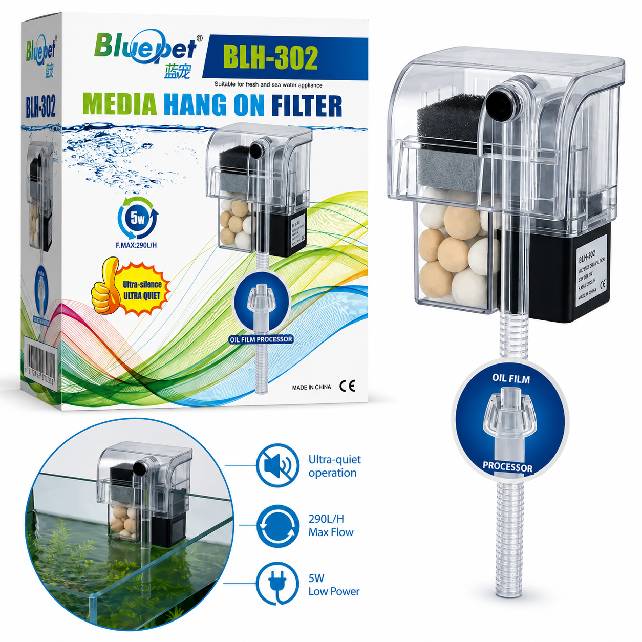 Bluepet BLH-302 Hang-On Aquarium Filter 5W – 300L/H