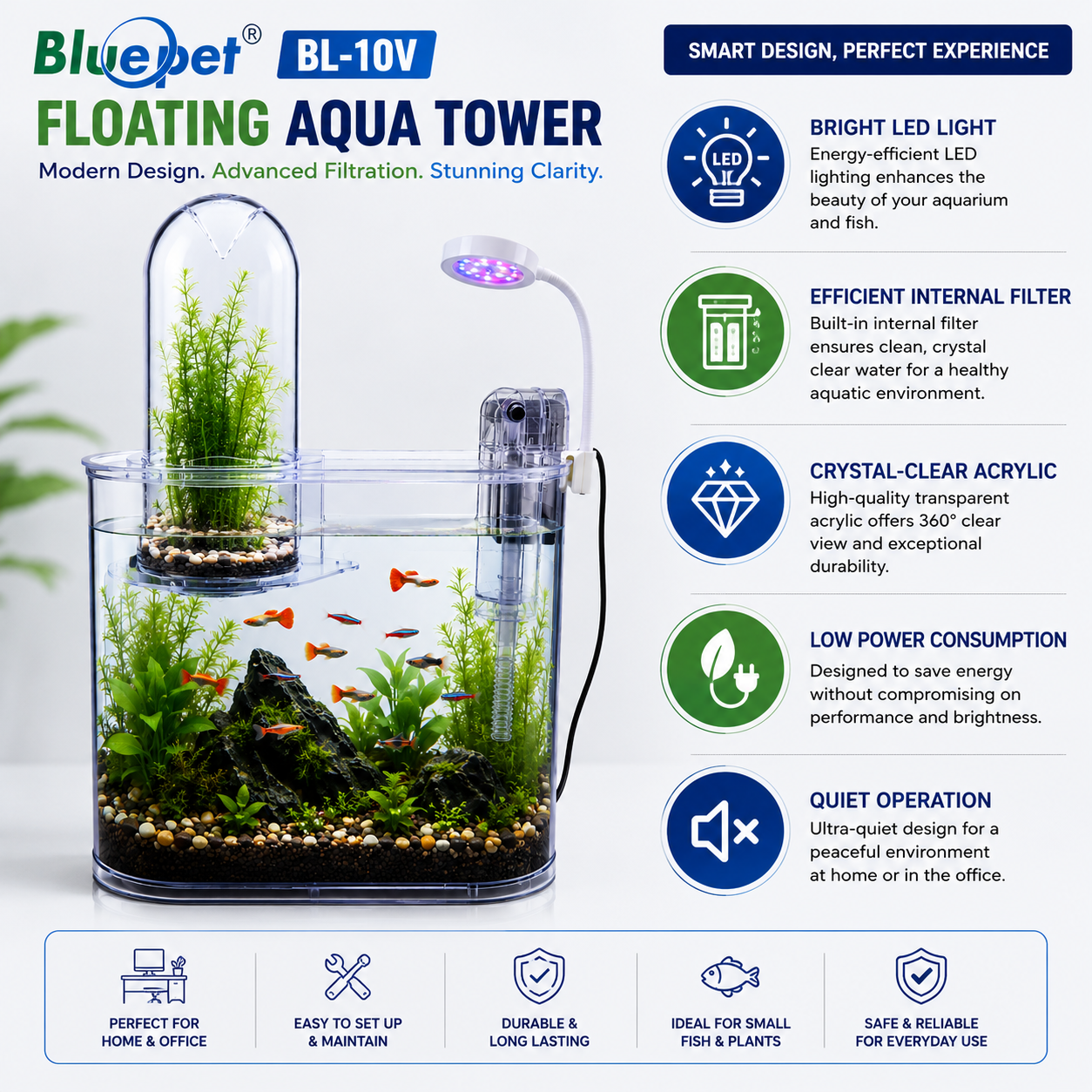 Bluepet BL-10V Floating Aqua Tower Aquarium with LED & Filter | Nano Aquarium Kit