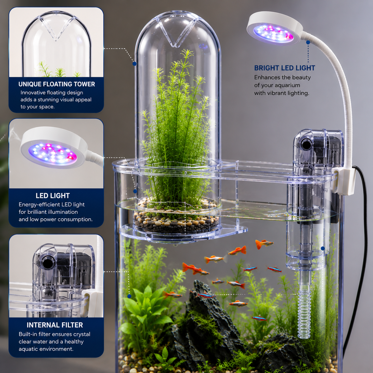 Bluepet BL-10V Floating Aqua Tower Aquarium with LED & Filter | Nano Aquarium Kit
