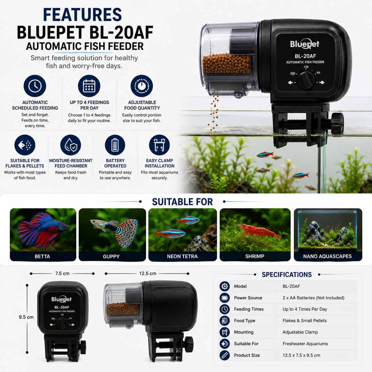 Bluepet BL-20AF Timed Automatic Fish Feeder | Digital LCD Auto Fish Food Dispenser for Aquarium