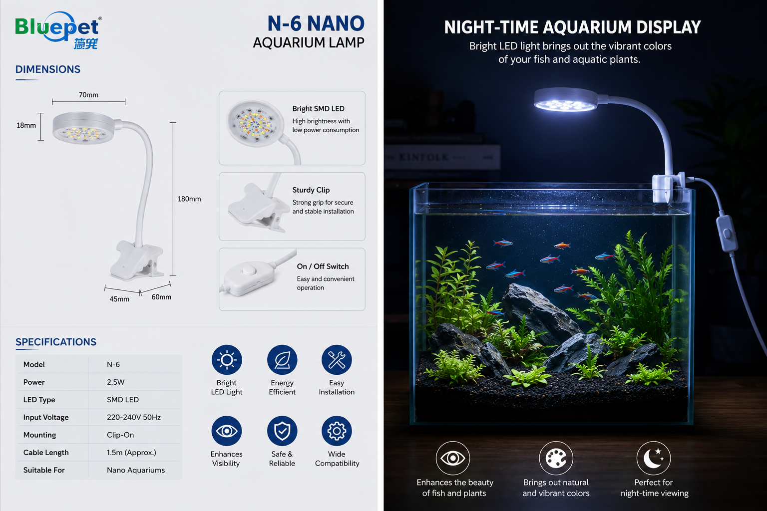 Bluepet N-6 Nano Aquarium LED Lamp | 2.5W Clip-On LED Light for Nano Aquariums