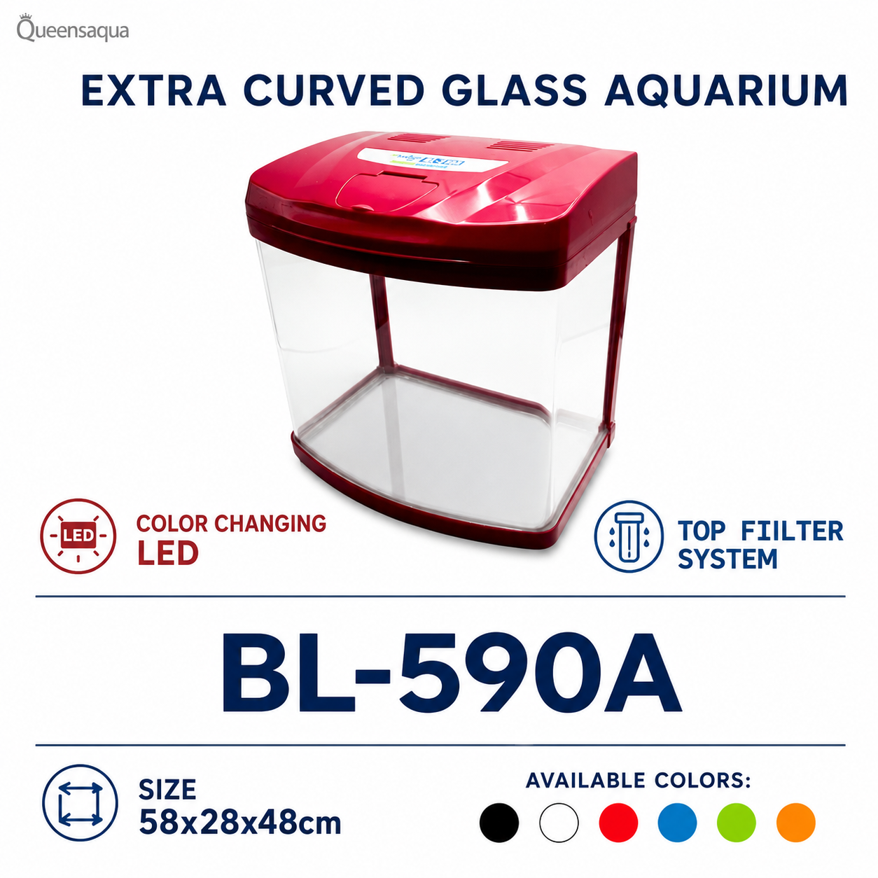 Blue Pet Curved Glass Aquarium Tank with LED Light, Filter & Motor