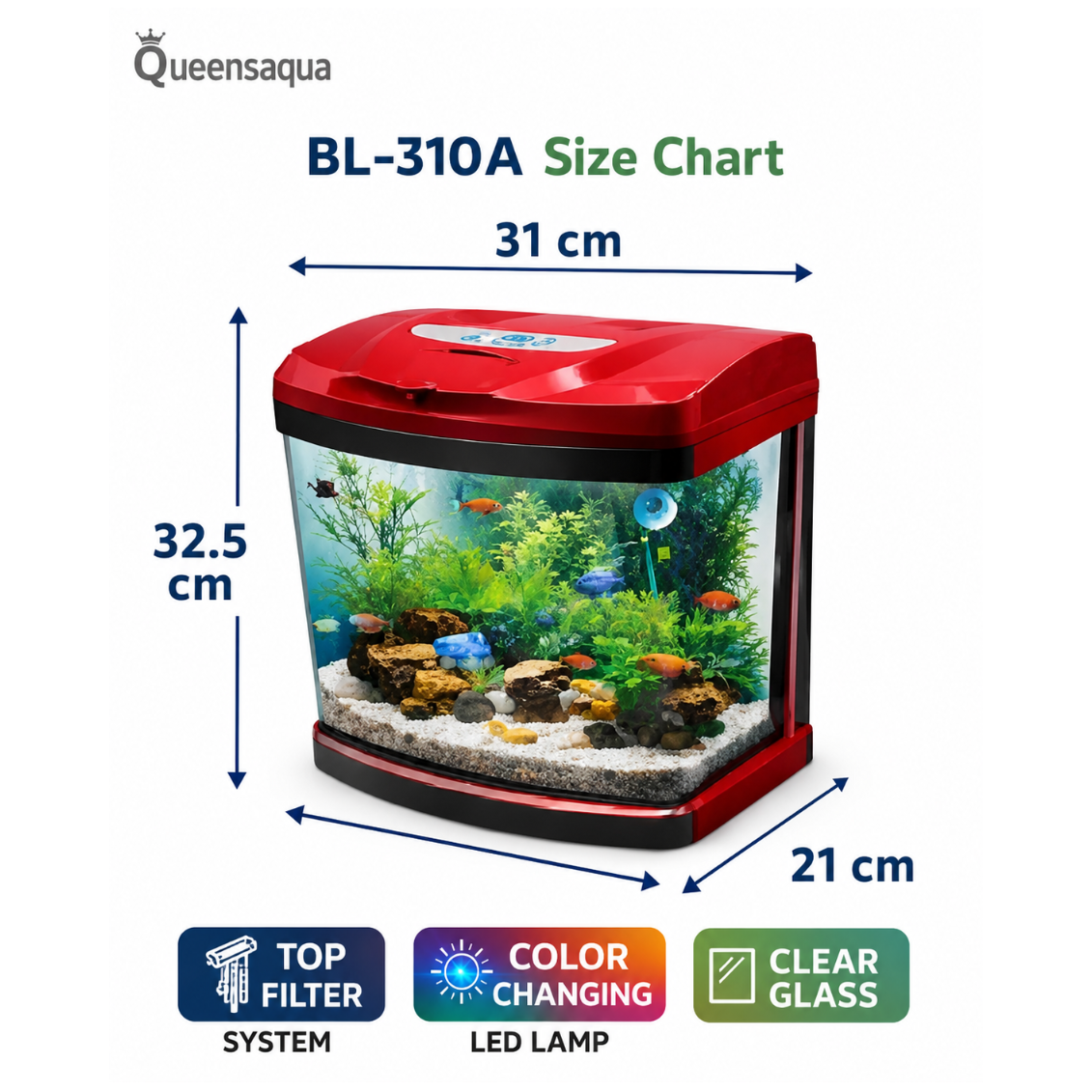 Blue Pet Aquarium Tank with LED Light, Top Filter & Motor