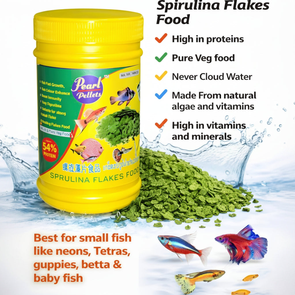 Pearl Pellets Spirulina Flakes Fish Food 40g | 54% High Protein Veg Fish Food